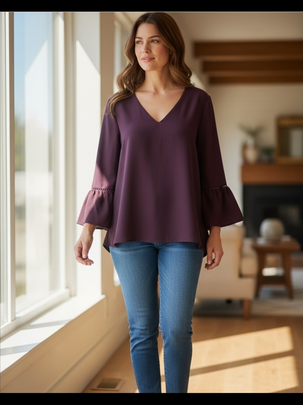Calvin Klein V-Neck Bell Sleeve Blouse - Plum